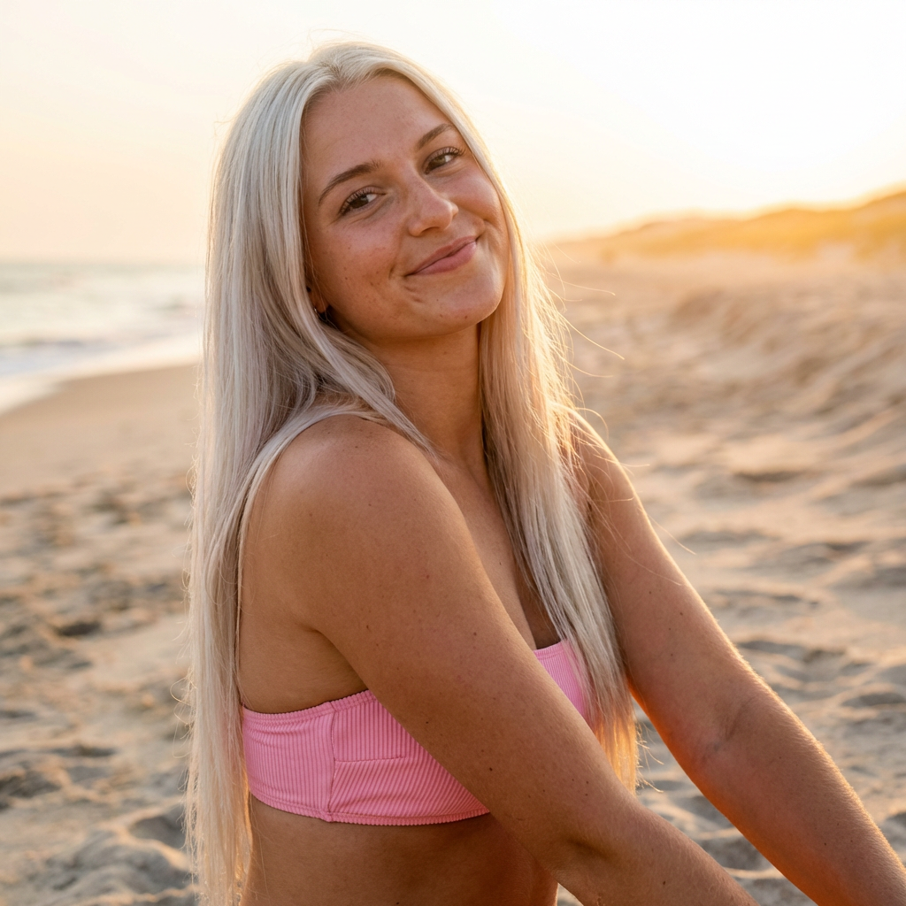 A blonde haired woman in a pink bandeau bikini sitting on a sandy beach at sunset