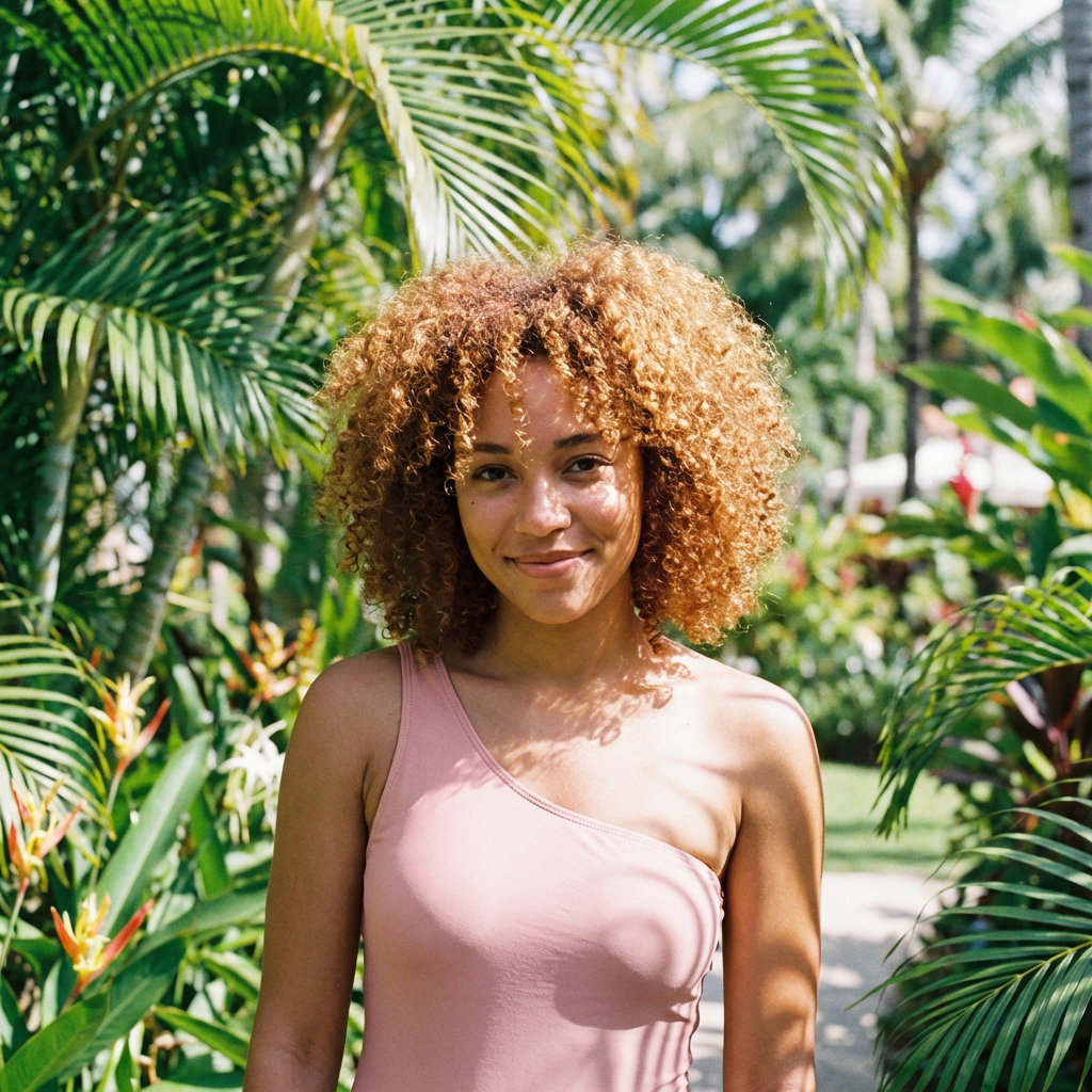 A red haired woman in a pink one shoulder bikini in a tropical resort garden