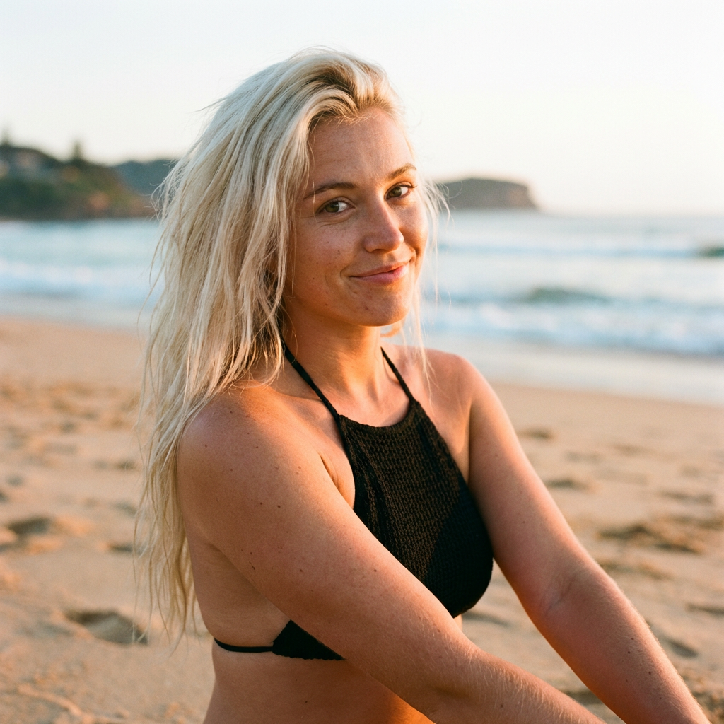 A blonde haired woman in a black halter neck bikini sitting on a sandy beach with gentle waves